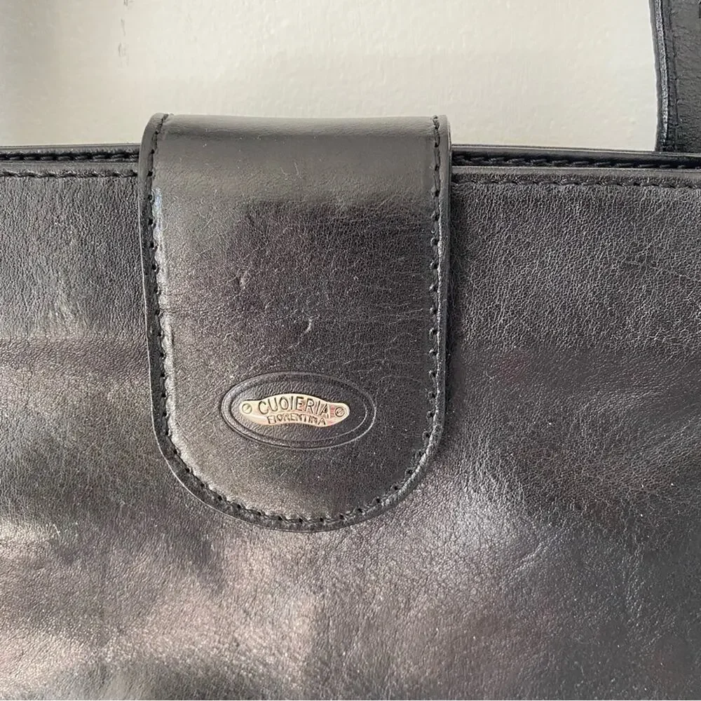 Cuoiera Fiorentina Smooth Black Leather Double Strap Purse Top Stitch Shoulder